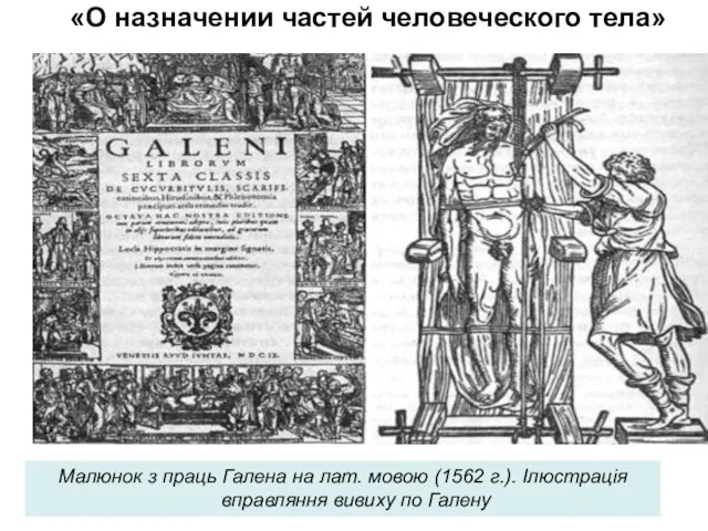 «О назначении частей человеческого тела» Малюнок з праць Галена на лат. мовою (1562