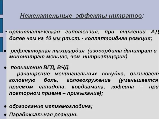 Нежелательные эффекты нитратов: ортостатическая гипотензия, при снижении АД более чем