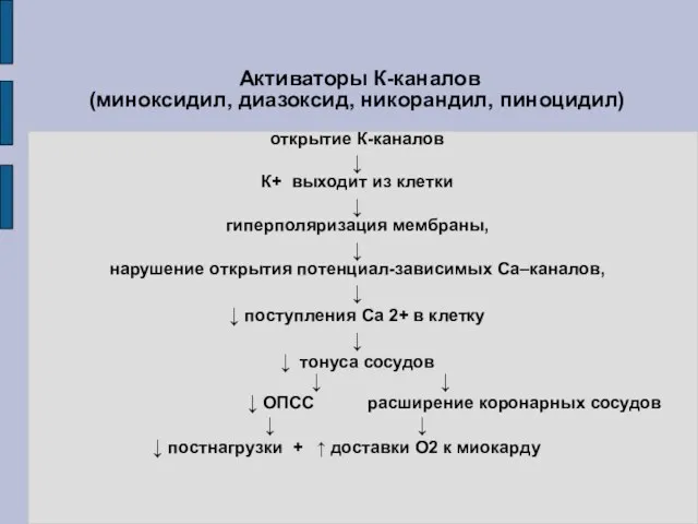 Активаторы К-каналов (миноксидил, диазоксид, никорандил, пиноцидил) открытие К-каналов ↓ К+