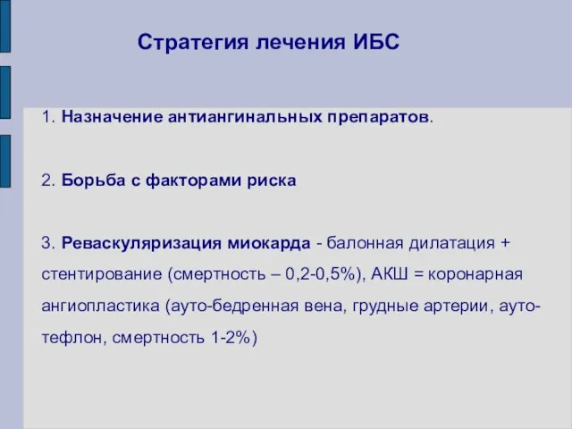 Стратегия лечения ИБС 1. Назначение антиангинальных препаратов. 2. Борьба с