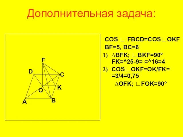 Дополнительная задача: COS ∟ FBCD=COS∟OKF BF=5, BC=6 ∆BFK; ∟BKF=90º FK=^25-9=