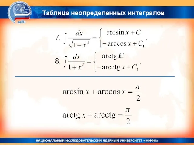 Таблица неопределенных интегралов