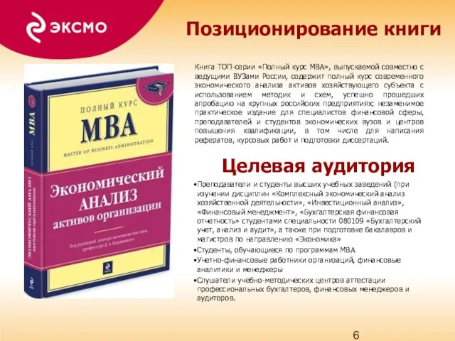Позиционирование книги Книга ТОП-серии «Полный курс MBA», выпускаемой совместно с ведущими ВУЗами России,