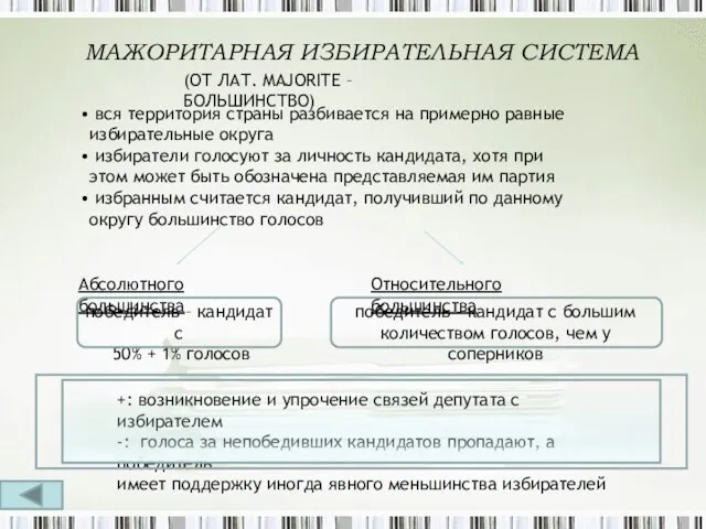 МАЖОРИТАРНАЯ ИЗБИРАТЕЛЬНАЯ СИСТЕМА вся территория страны разбивается на примерно равные