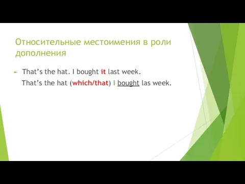 Относительные местоимения в роли дополнения That’s the hat. I bought