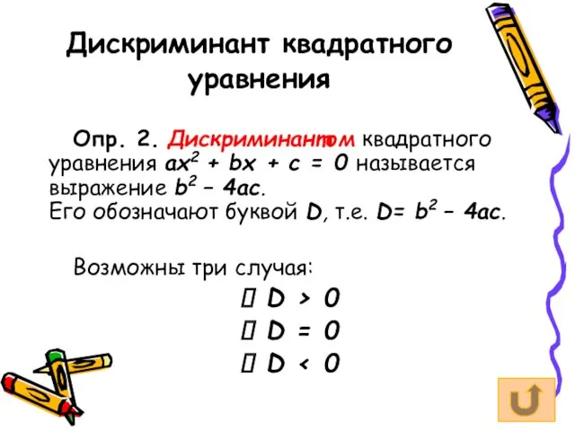 Дискриминант квадратного уравнения Опр. 2. Дискриминантом квадратного уравнения ах2 +