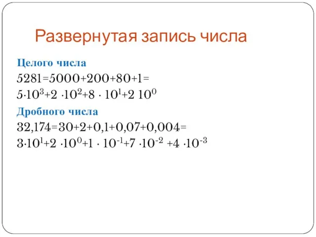 Развернутая запись числа Целого числа 5281=5000+200+80+1= 5∙103+2 ∙102+8 ∙ 101+2