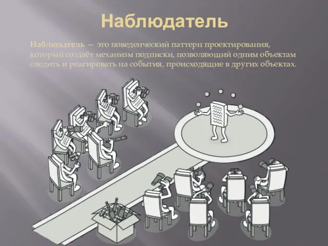 Наблюдатель Наблюдатель — это поведенческий паттерн проектирования, который создаёт механизм