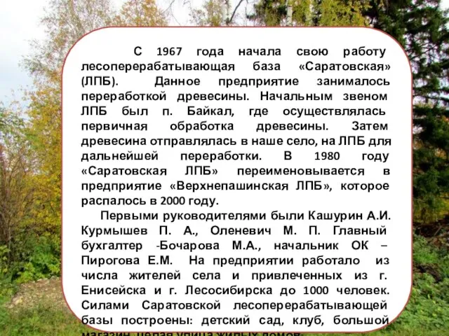 С 1967 года начала свою работу лесоперерабатывающая база «Саратовская» (ЛПБ).