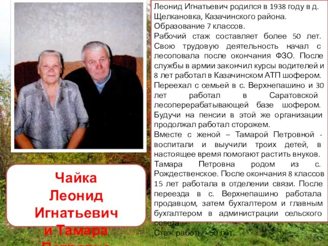 Чайка Леонид Игнатьевич и Тамара Петровна Леонид Игнатьевич родился в