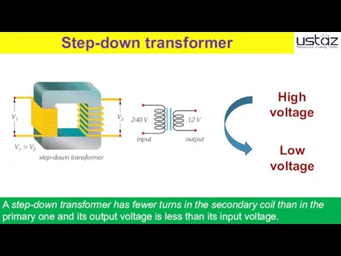 A step-down transformer has fewer turns in the secondary coil than in the
