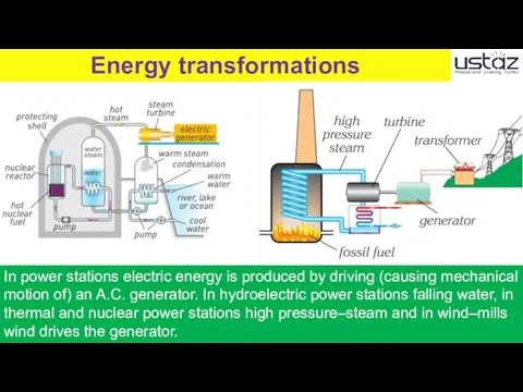 Energy transformations In power stations electric energy is produced by