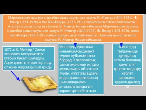 1871 ж К. Менгер “Саяси экономия негздемелер” ктабын басып шығарды.