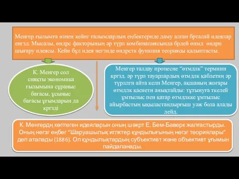 Менгер ғылымға өзнен кейнг ғалымдардың еңбектернде даму алған брталай идеялар