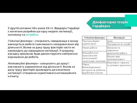 Двофакторна теорія Герцберга У другій половині 50-х років XX ст.