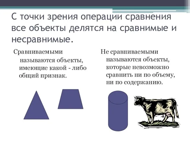 С точки зрения операции сравнения все объекты делятся на сравнимые