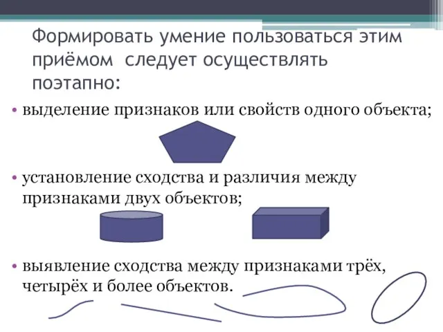 Формировать умение пользоваться этим приёмом следует осуществлять поэтапно: выделение признаков