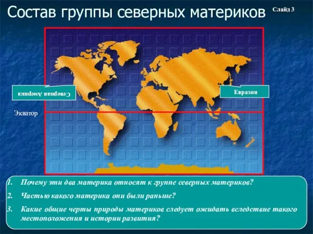 Состав группы северных материков Северная Америка Евразия Экватор Почему эти