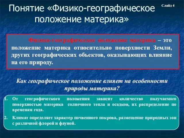 Понятие «Физико-географическое положение материка» Физико-географическое положение материка – это положение