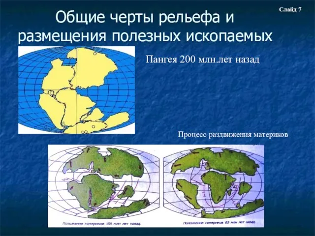 Общие черты рельефа и размещения полезных ископаемых Пангея 200 млн.лет назад Процесс раздвижения материков Слайд 7