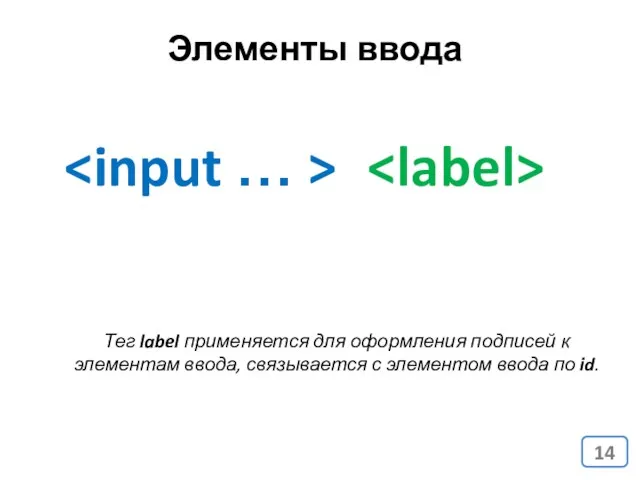 Тег label применяется для оформления подписей к элементам ввода, связывается