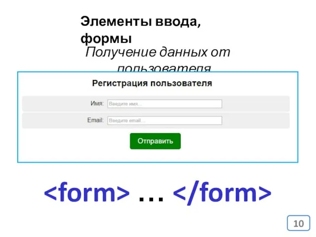 Элементы ввода, формы Получение данных от пользователя. …