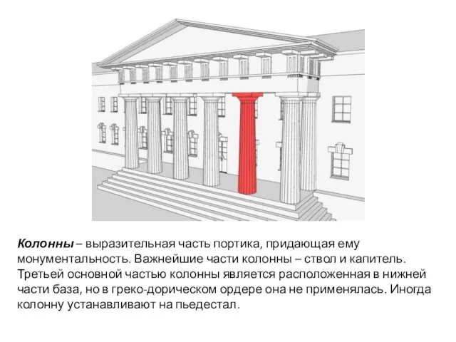 Колонны – выразительная часть портика, придающая ему монументальность. Важнейшие части