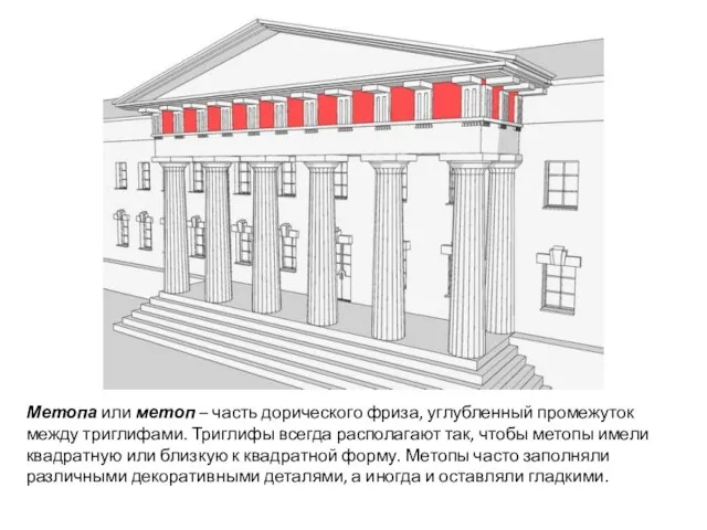 Метопа или метоп – часть дорического фриза, углубленный промежуток между триглифами. Триглифы всегда