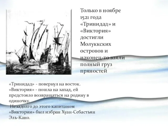 Только в ноябре 1521 года «Тринидад» и «Виктория» достигли Молуккских