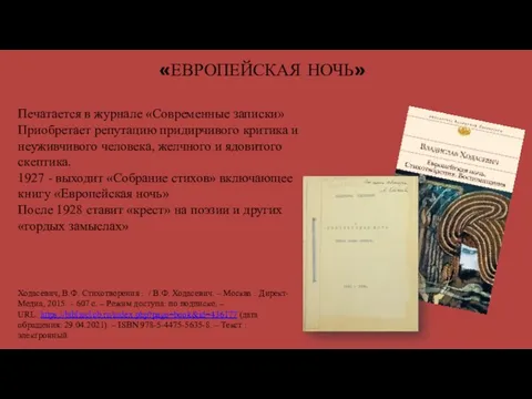 «ЕВРОПЕЙСКАЯ НОЧЬ» Печатается в журнале «Современные записки» Приобретает репутацию придирчивого