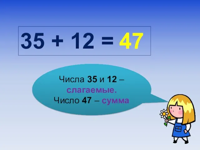 35 + 12 = Числа 35 и 12 – слагаемые. Число 47 – сумма 47