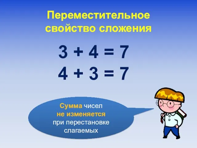 Сумма чисел не изменяется при перестановке слагаемых Переместительное свойство сложения 3 + 4