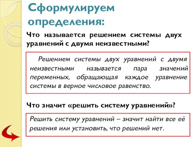 Сформулируем определения: Решением системы двух уравнений с двумя неизвестными называется