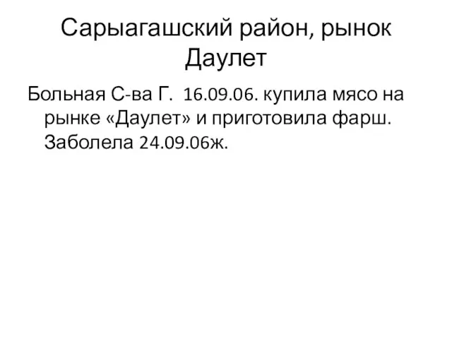 Сарыагашский район, рынок Даулет Больная С-ва Г. 16.09.06. купила мясо