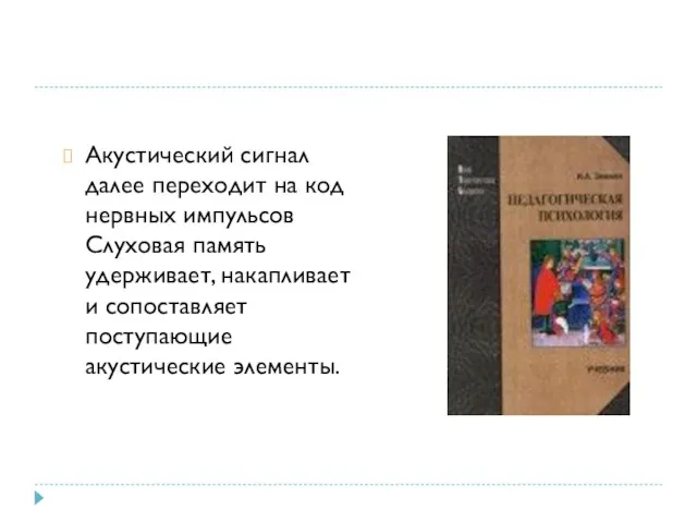 Акустический сигнал далее переходит на код нервных импульсов Слуховая память