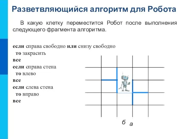 Разветвляющийся алгоритм для Робота В какую клетку переместится Робот после