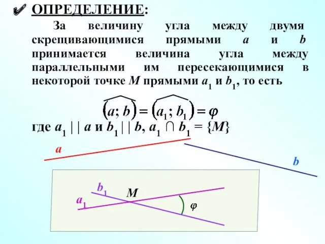 ОПРЕДЕЛЕНИЕ: За величину угла между двумя скрещивающимися прямыми a и