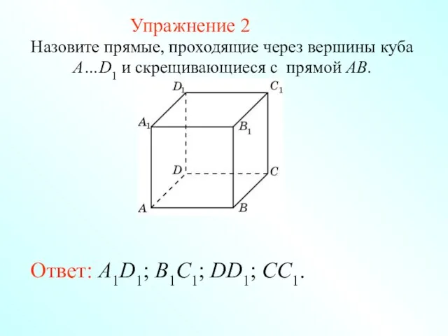 Ответ: A1D1; B1C1; DD1; CC1. Назовите прямые, проходящие через вершины