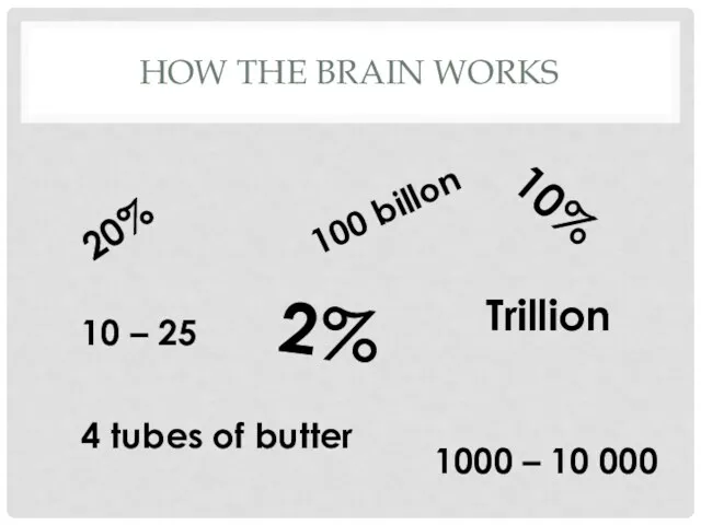 HOW THE BRAIN WORKS 20% 10% 4 tubes of butter 100 billon Trillion