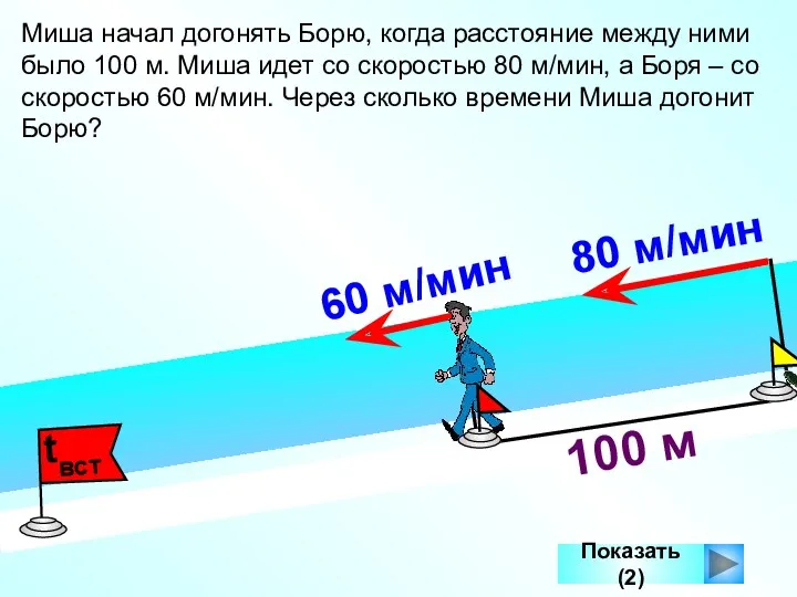 Показать (2) 100 м Миша начал догонять Борю, когда расстояние