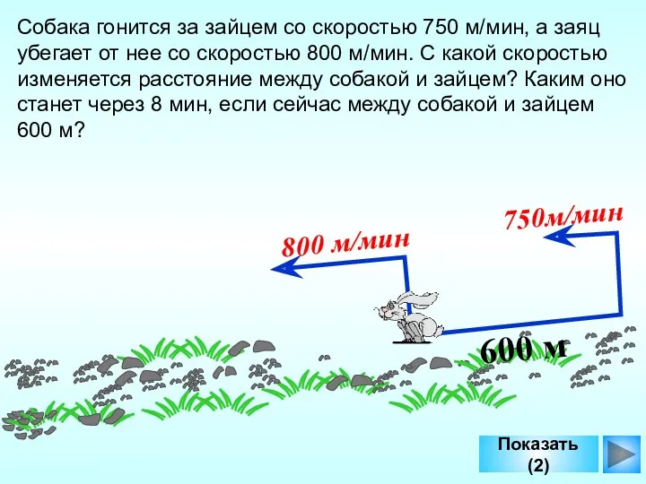 Показать (2) 600 м 800 м/мин 750м/мин Собака гонится за