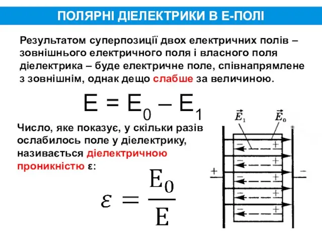 ПОЛЯРНІ ДІЕЛЕКТРИКИ В Е-ПОЛІ Результатом суперпозиції двох електричних полів –