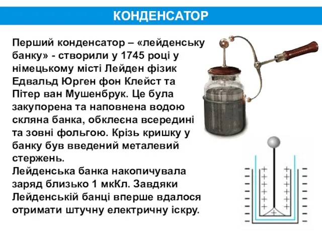 КОНДЕНСАТОР Перший конденсатор – «лейденську банку» - створили у 1745