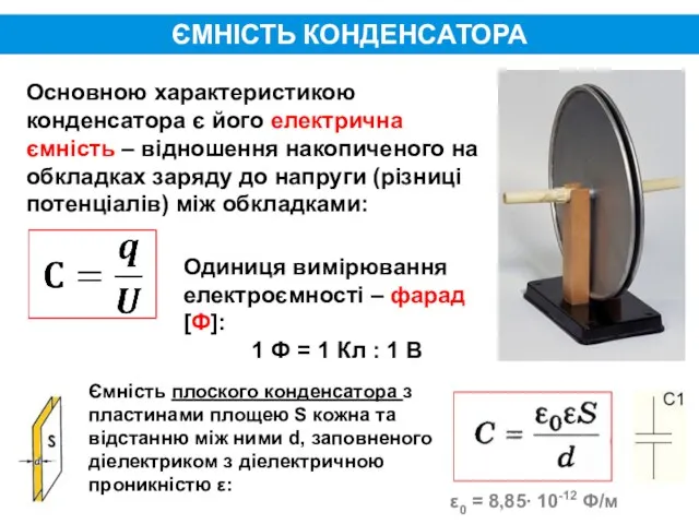 ЄМНІСТЬ КОНДЕНСАТОРА Основною характеристикою конденсатора є його електрична ємність –