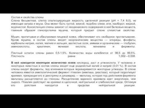 Состав и свойства слюны Слюна бесцветная, слегка опалесцирующая жидкость щелочной