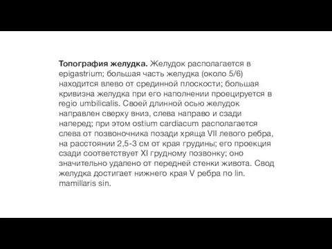 Топография желудка. Желудок располагается в epigastrium; большая часть желудка (около