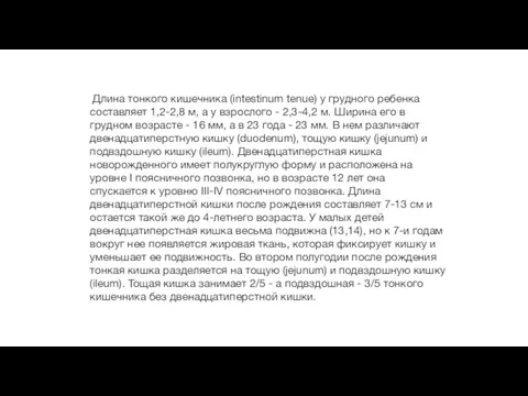 Длина тонкого кишечника (intestinum tenue) у грудного ребенка составляет 1,2-2,8