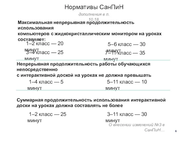 Нормативы СанПиН дополнения в п. 10.18. Максимальная непрерывная продолжительность использования