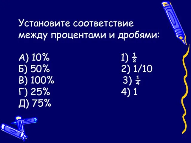 Установите соответствие между процентами и дробями: А) 10% 1) ½ Б) 50% 2)