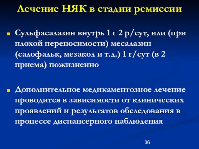 Лечение НЯК в стадии ремиссии Сульфасалазин внутрь 1 г 2